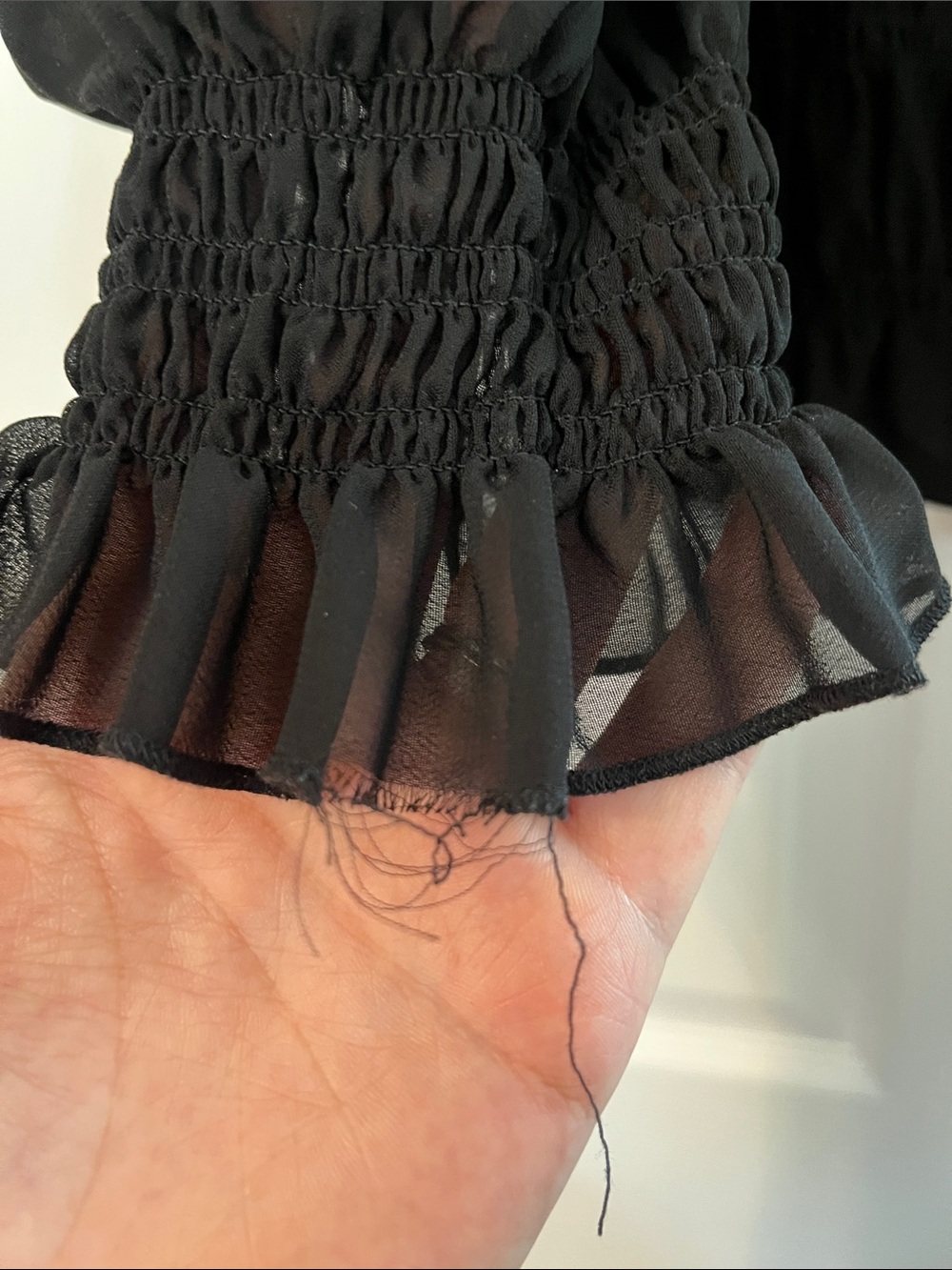 Black Smocked Square-Neck Blouse with Sheer Bishop Sleeves - Picture 3 of 4